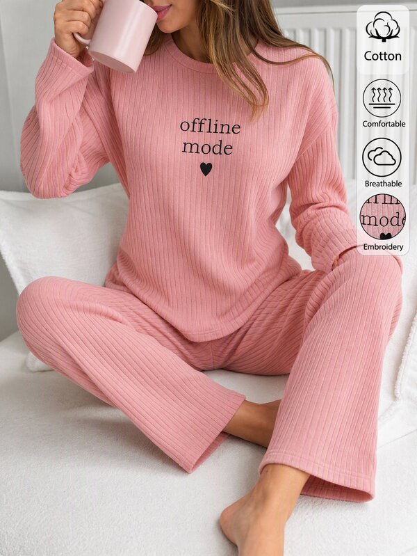 SHEIN Minimal Letter Graphic Ribbed Sleepwear Co-Ord