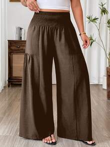 Weeklong Summer New Pleated Design Faux Linen Bamboo Knot Waistband Fashion Casual Vacation Loose Wide Leg Long Pants For Women - Khaki - View 1