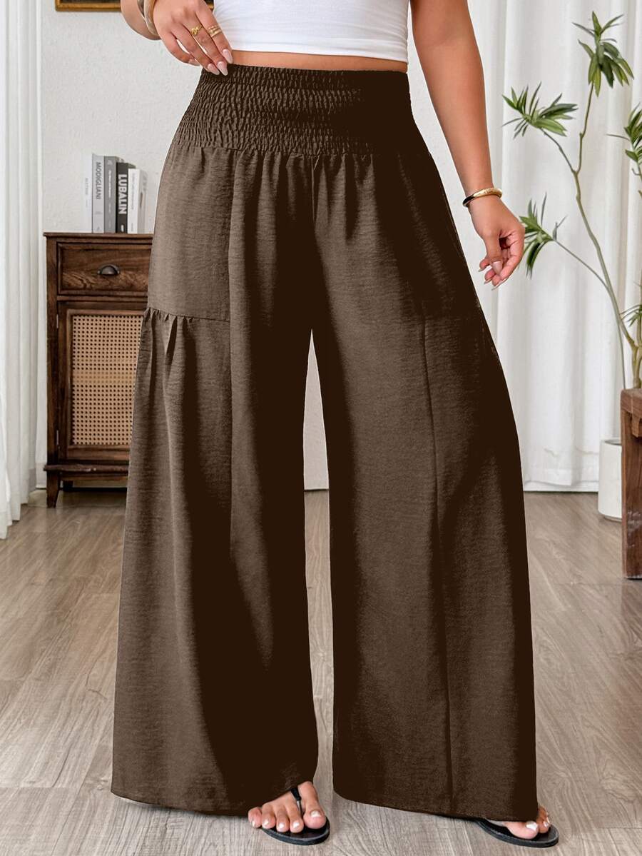 Weeklong Summer New Pleated Design Faux Linen Bamboo Knot Waistband Fashion Casual Vacation Loose Wide Leg Long Pants For Women - Khaki - View 1