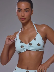 Musera Sport Tropical Flower Print Scoop Halterneck Ruched Bust Sports Bra With High Rise Fitted Active Mini Short Coord Sold As Set Active Sports Pilates Running - Blue - View 3