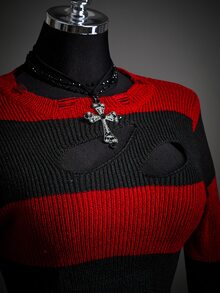 SHEIN ICON Fall Women's Autumn Halloween Red And Black Goth Devil Girl Fashion Colorblock Striped Distressed Sweater - Multicolor - View 6