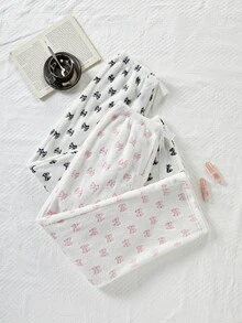 Napfluff Cute Autumn/Winter Plush Bowknot Print Long Pajama Pants 2 Pieces Set For Women - Multicolor - View 4