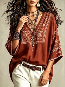 NostaNoir 波希米亞風仿刺繡花卉印花女款上衣，寬鬆V領蝙蝠袖七分袖上衣，休閒度假旅行襯衫，鐵鏽棕色夏季款 - 彩色 - 查看 4