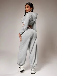 Radiana Sweatshirt Kasual Minimalis Dasar Abu-abu Super Pendek dengan Resleting - Light Grey - View 5