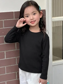 Dazy Kids Young Girls Round Neck Loose Casual Thermal Lined Long Sleeve Basic Pullover Inner Layer Top Autumn/Winter T-Shirt - Black - View 3