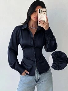 Firerie 女款長袖襯衫，後腰收腰襯衫，日常通勤襯衫，度假襯衫，收腰襯衫，春夏秋冬通勤服飾，優雅，度假，波希米亞風，工作服 - 藏蓝色 - 查看 2