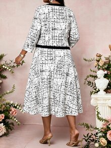 SHEIN Lady Plus Size Women's Colorblock 3/4 Sleeve Open Front Jacket And Dress Elegant 2 Pieces Set - Black and White - View 2