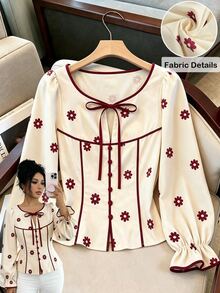 SHEIN Franclia French Vintage Daisy Print Solid Color Contrast Color Women's Long Sleeve Blouse, Autumn/Winter Commute Work Outfit - Burgundy - View 2
