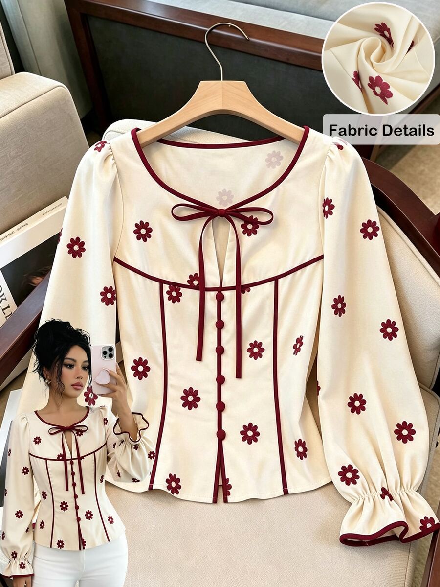 SHEIN Franclia French Vintage Daisy Print Solid Color Contrast Color Women's Long Sleeve Blouse, Autumn/Winter Commute Work Outfit