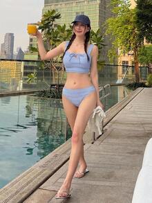 DAZY 女款紋理布料方領連身背心與裙子3件套，休閒連身泳衣沙灘裝，適合女孩 - 藍色 - 查看 5