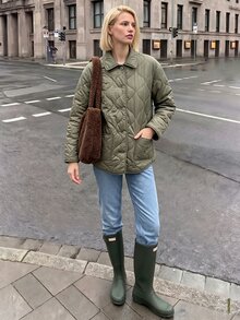 Struktiv Nordic Casual Style Solid Color Thin Loose Mid-Length Commuter Padded Coat - Olive Green - View 6