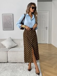 Elyressa Women's Woven Dotted Elegant Autumn Midi Skirt - Coffee Brown - View 4