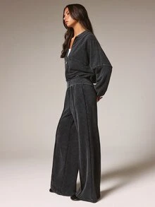 Athîral 女款休閒水洗拉鍊連帽外套與長褲兩件套 - 黑色 - 查看 6