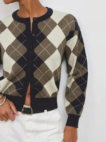 Maija Women's Plaid Open-Front Cardigan Sweater, Long Sleeve, Round Neck, Urban Casual, Autumn - Brown - View 5