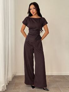 SHEIN PETITE 女款條紋不對稱下擺襯衫與寬鬆長褲套裝 - 咖啡棕 - 查看 5