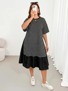 Shapeblank Plus Size Summer Casual Striped Patchwork Dress - Black and White - View 7