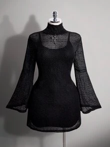 SHEIN ICON Plus Size Y2K Stand Collar Mesh Sheer Flare Sleeve Dress 2 Pieces Set, Halloween Gothic Vintage 2 Pieces Set Fall - Black - View 3