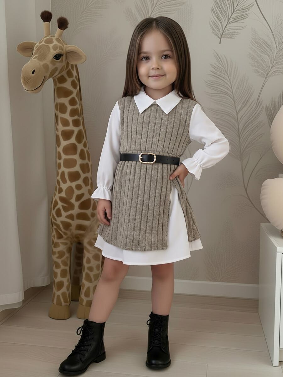 SHEIN Young Girls Autumn/Winter Cute Colorblock Faux Two-Piece White Long Sleeve Dress - 杏色 - 查看 1