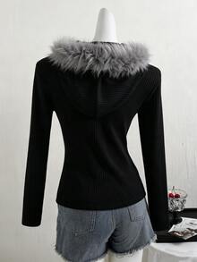 SHEIN Sparklyn 青少年女孩休閒日常修身衛衣，開學季，韓系風格 - 黑色 - 查看 2