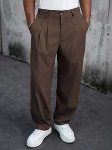 SLATEMANN Men's Solid Color Pleated Straight Leg Casual Pants With Pockets - Coffee Brown - View 3