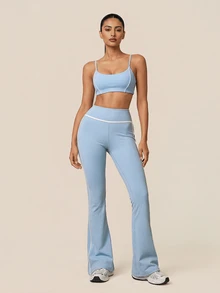 SHEIN BAE Women Light Blue High Waist Flare Leggings Tummy Control Gym Workout Training Running Yoga Athletic Pants - Baby Blue - View 6