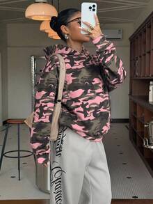 Muchica Sweatshirt berkerudung tipis motif kamuflase pink & hijau bergaya minimalis kasual, cocok untuk awal musim gugur, gaya serbaguna. - MultiWarna - View 1