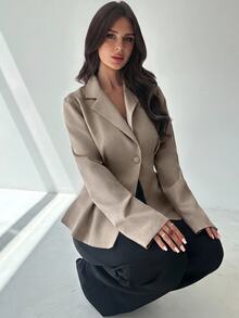 Firerie 女款休閒亞麻收腰長袖翻領薄款西裝外套，卡其色，秋冬辦公商務穿搭 - 卡其色 - 查看 6