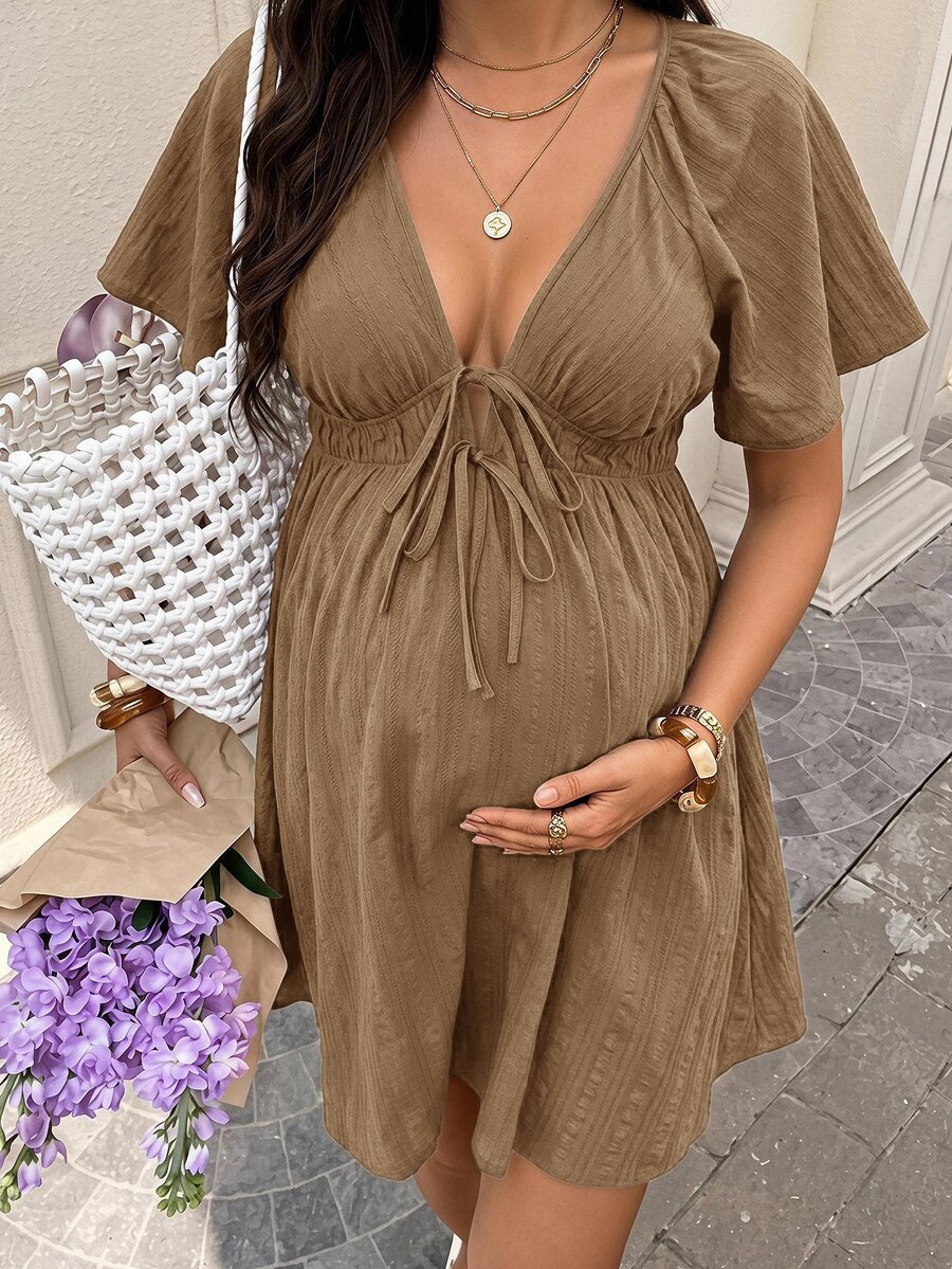 SHEIN 孕婦純色深V領百褶休閒日常夏季洋裝 - 卡其色 - 查看 1