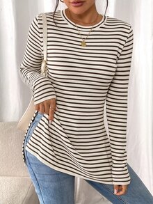 SHEIN Frenchy 女款極簡條紋拼接長袖開衩下擺T恤 - 杏色 - 查看 3
