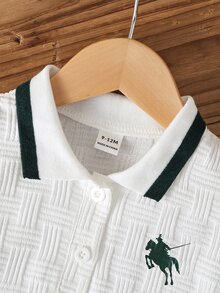 Souflis Souflis 男嬰夏季深綠色學院風提花 Polo 衫與短褲 2 件套，小馬印花翻領短袖套裝，適合日常穿著、聚會與度假 - 墨綠色 - 查看 7