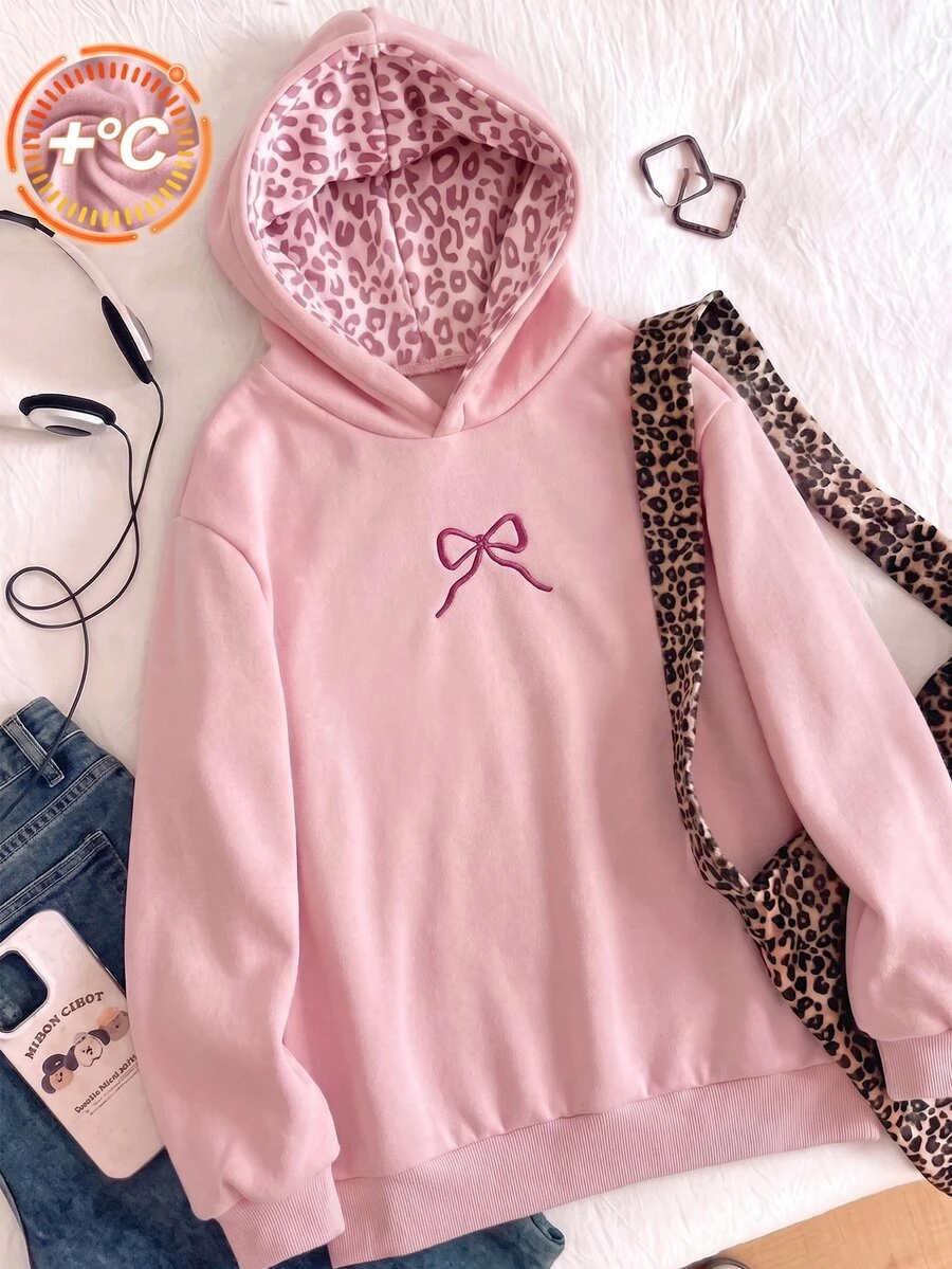 SHEIN Teen Girl Casual Street Style Fleece Leopard Print Hat, Suitable For School And Daily Wear With Sweatshirt - Pink - View 1