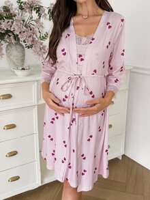Moonlight&Mama Casual Striped Heart Print Lace Patchwork Nursing Camisole And Robe 2 Pieces Maternity Sleepwear Set - Pink - View 3