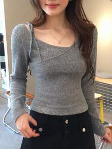 DAZY Women's Solid Color Long Sleeve Spring/Summer T-Shirt Fall - Grey - View 7