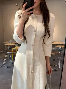 DAZY Women's Round Neck Tie-Front Elegant Long Dress Fall - White - View 5
