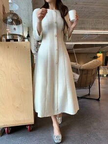 DAZY Women's Round Neck Tie-Front Elegant Long Dress Fall - White - View 9