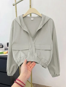 SHEIN 青少年女孩編織純色貼袋短版寬鬆休閒連帽外套 - 橄欖綠 - 查看 11