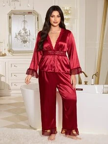 MuseNap CURVE Burgundy Lace Deep V Neckline Waist Lace Hollow Out Long Sleeve Long Pants Mesh Design Plus Size Women's Loungewear Set - Burgundy - View 6