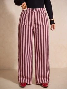 Elaquor Plus-Size Women's Striped High-Waisted Wide-Leg Jeans With Pockets – Perfect For Casual Outings.Autumn - Pink - View 5