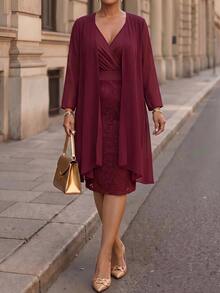 Fleurora Plus Size Women's Solid Color Long Sleeve Cardigan And Dress Elegant 2-Piece Set - Burgundy - View 4