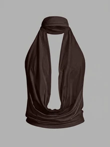 SHEIN ICON Áo top mùa hè gợi cảm màu trơn cổ rủ hở lưng - màu nâu - Xem 3