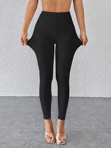 SHEIN PETITE 女款純色高腰緊身內搭褲 - 黑色 - 查看 4
