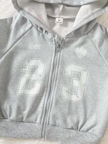 SHEIN ChillGRL 返校季女童2件套，創意條紋印花拉鍊短版連帽外套搭配側條紋寬腿長褲，常規厚度針織休閒百搭運動外套套裝，休閒運動風，適合春秋日常上學與戶外運動穿著 - 灰色 - 查看 7