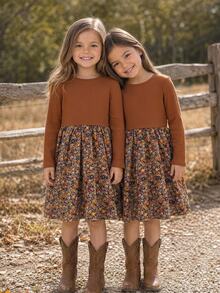 Emery Rose Kids Emery Rose Kids 女童小女孩拼色休閒日常夏季旅行洋裝 秋季風格 秋冬日常 農場萬聖節穿搭 - 卡其色 - 查看 3