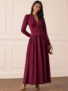 Lilora Women's Elegant High-End Deep V-Neck Decorative Button Dress, Commute, Gathering Dinner Cocktail, Party, Wedding, Autumn, Winter, Burgundy Red - Red - View 1