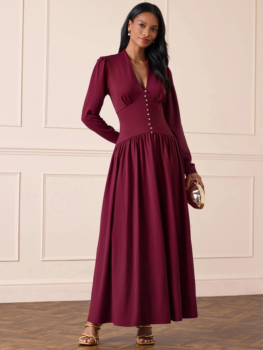 Lilora Women's Elegant High-End Deep V-Neck Decorative Button Dress, Commute, Gathering Dinner Cocktail, Party, Wedding, Autumn, Winter, Burgundy Red - Red - View 1
