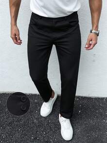 Manfinity Mode 男士純色通勤休閒商務優雅長褲，斜口袋西裝長褲，百搭禮物，適用婚禮、商務、辦公、婚前拍照，黑色，秋季 - 黑色 - 查看 1