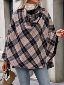 SHEIN Autumn/Winter British Style Casual Elegant Plaid Cape Coat, Ruched Collar Button Decor Loose Plaid Shawl Jacket Everyday Going Out Grey Plaid - Coffee Brown - View 1
