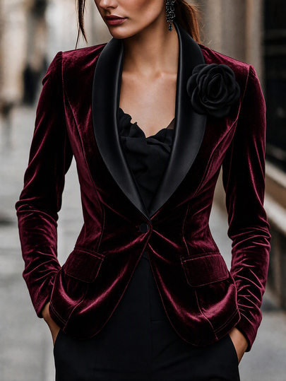 Elenzga Chaqueta de traje de terciopelo elegante y de lujo para otoño/invierno, Navidad, oficina, desplazamientos, fiestas navideñas, banquetes nocturnos y bodas, con cuello de chal de satén, cintura ceñida, un solo botón, manga larga, decoración de broche, color borgoña liso