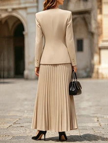 SHEIN Franclia 女款春夏/秋冬優雅西裝面料兩件套，2合1夾克搭配彈性腰褶皺長裙，適合下午茶及其他場合，秋冬新款套裝，展現時尚魅力 - 卡其色 - 查看 2