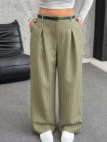 SHEIN EZwear Pantalones de pierna ancha casuales con cierre de botones y cinturón en unicolor para talla grande en otoño/invierno - Verde - Ver 3